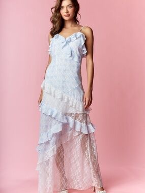 Coquette Printed Lace Mixed Ruffle Maxi Dress